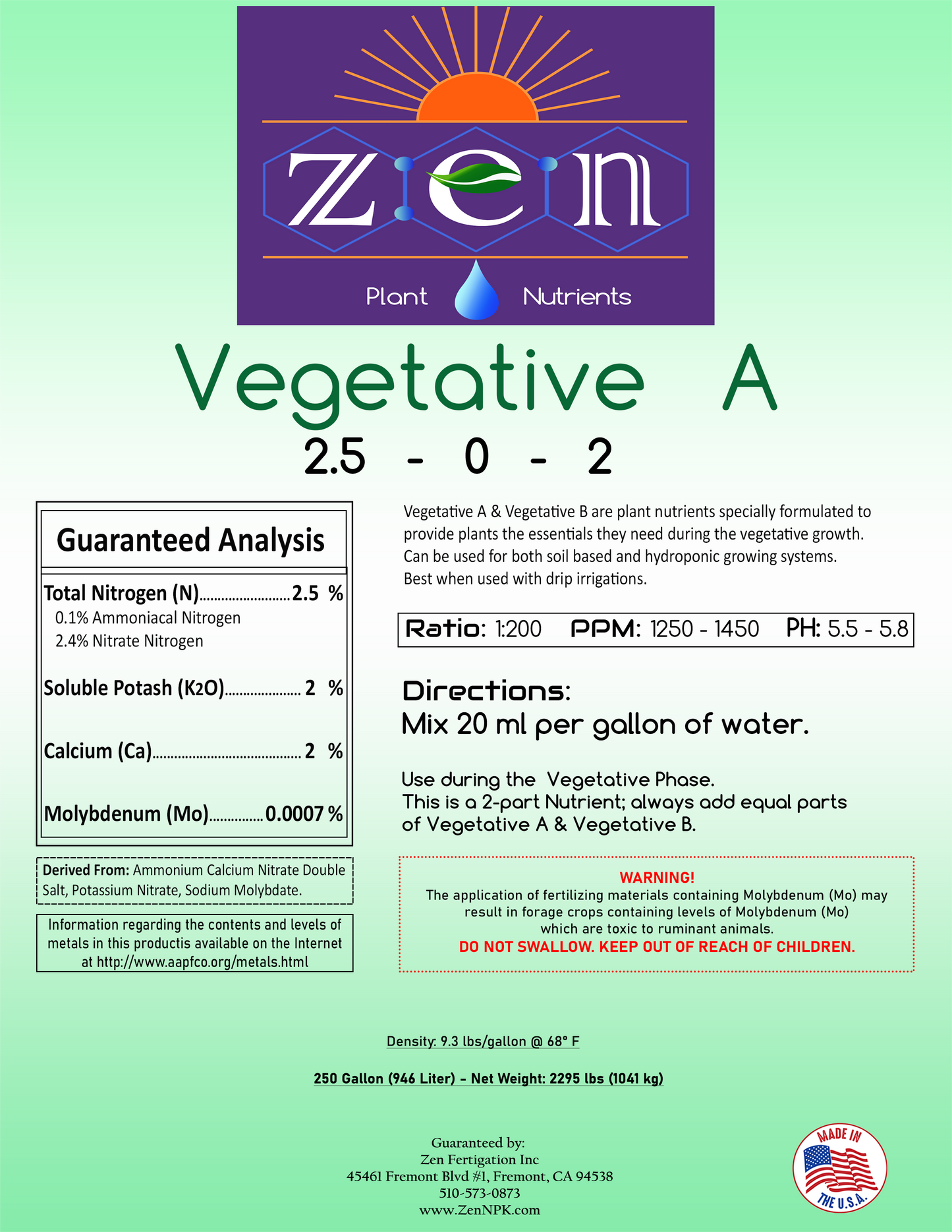 Zen Vegetative A 250 Gallon Tote