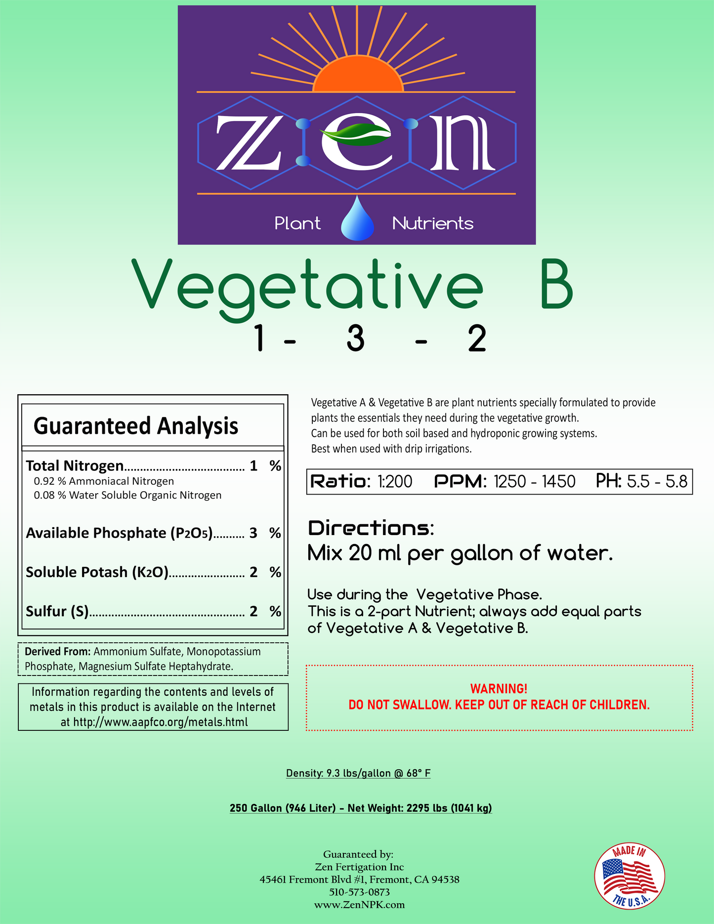 Zen Vegetative B 250 Gallon Tote